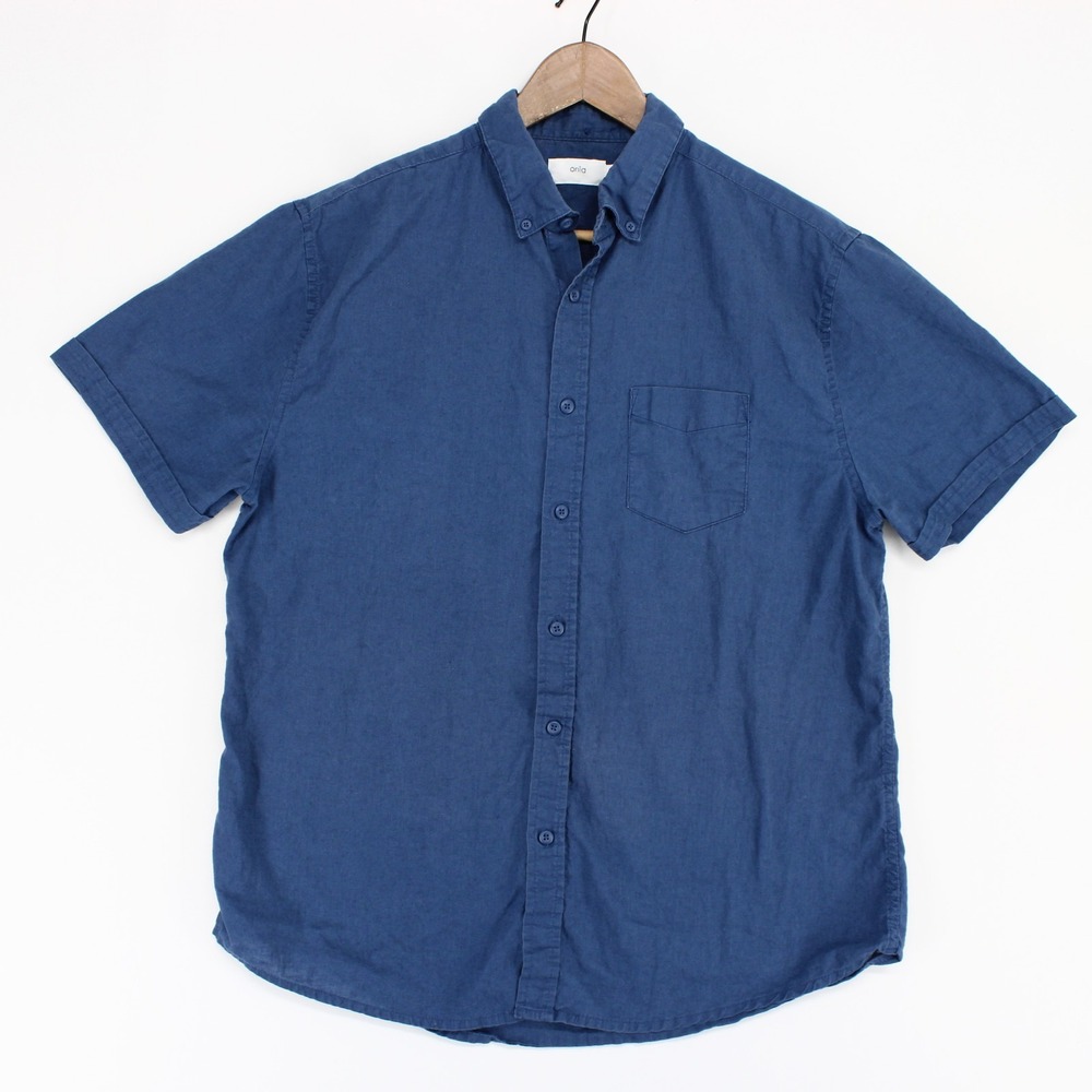 Onia Jack Shirt Mens L Blue Linen Cotton Short Sleeve Button Up Chest Pocket